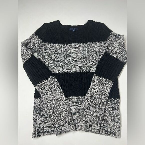 GAP Stripe Woven Knitted Color Block Wool Blend Sweater Black Gray Crewneck Sz S - Picture 5 of 11